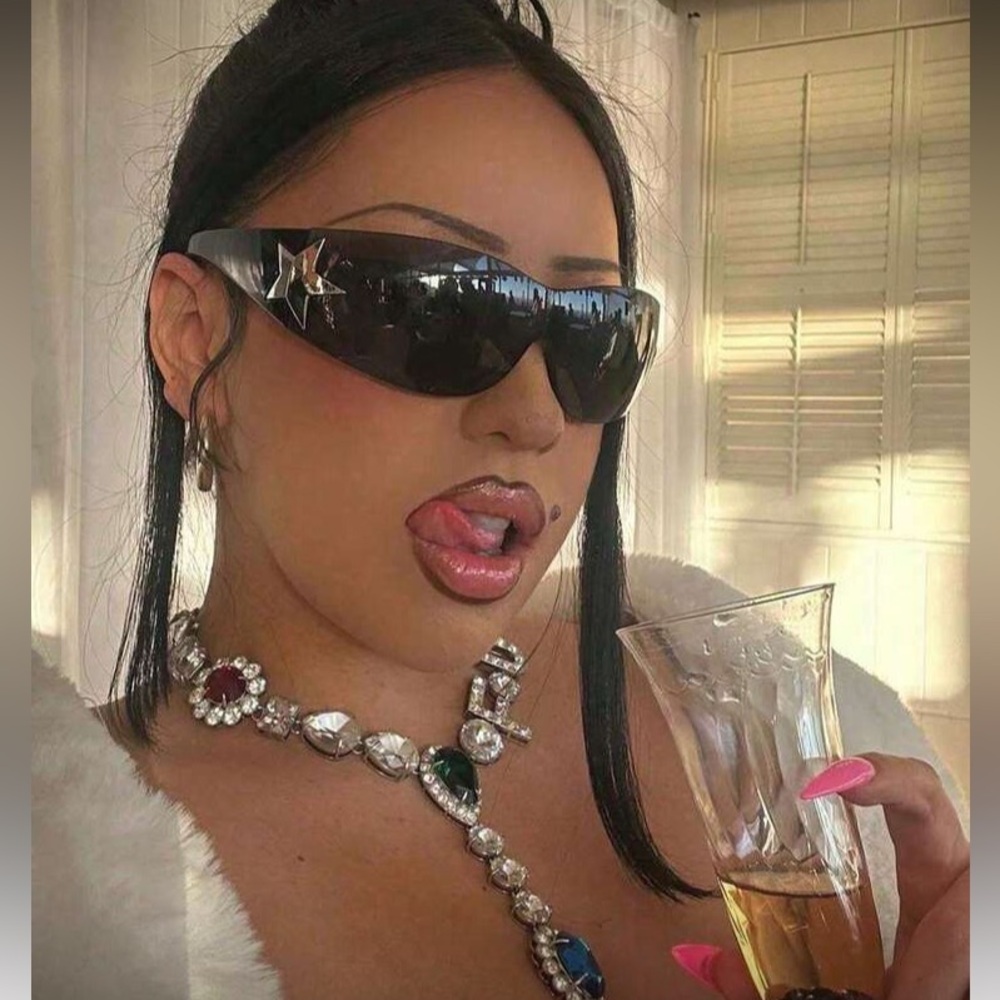 Stylish Black Wrap Around Sunglasses with Star Detail